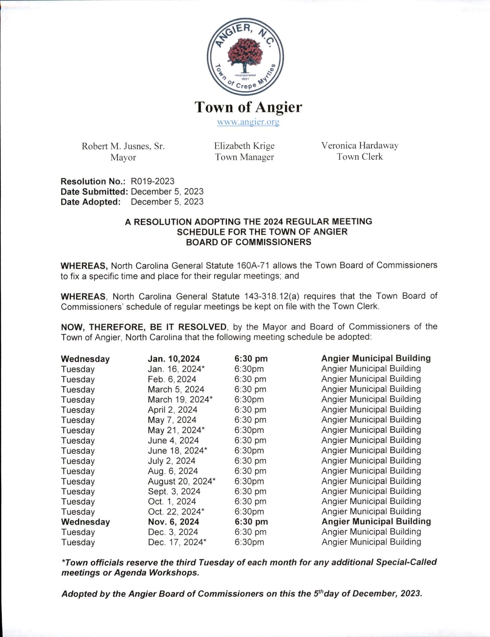 2024 Board of Commissioners Meeting Schedule